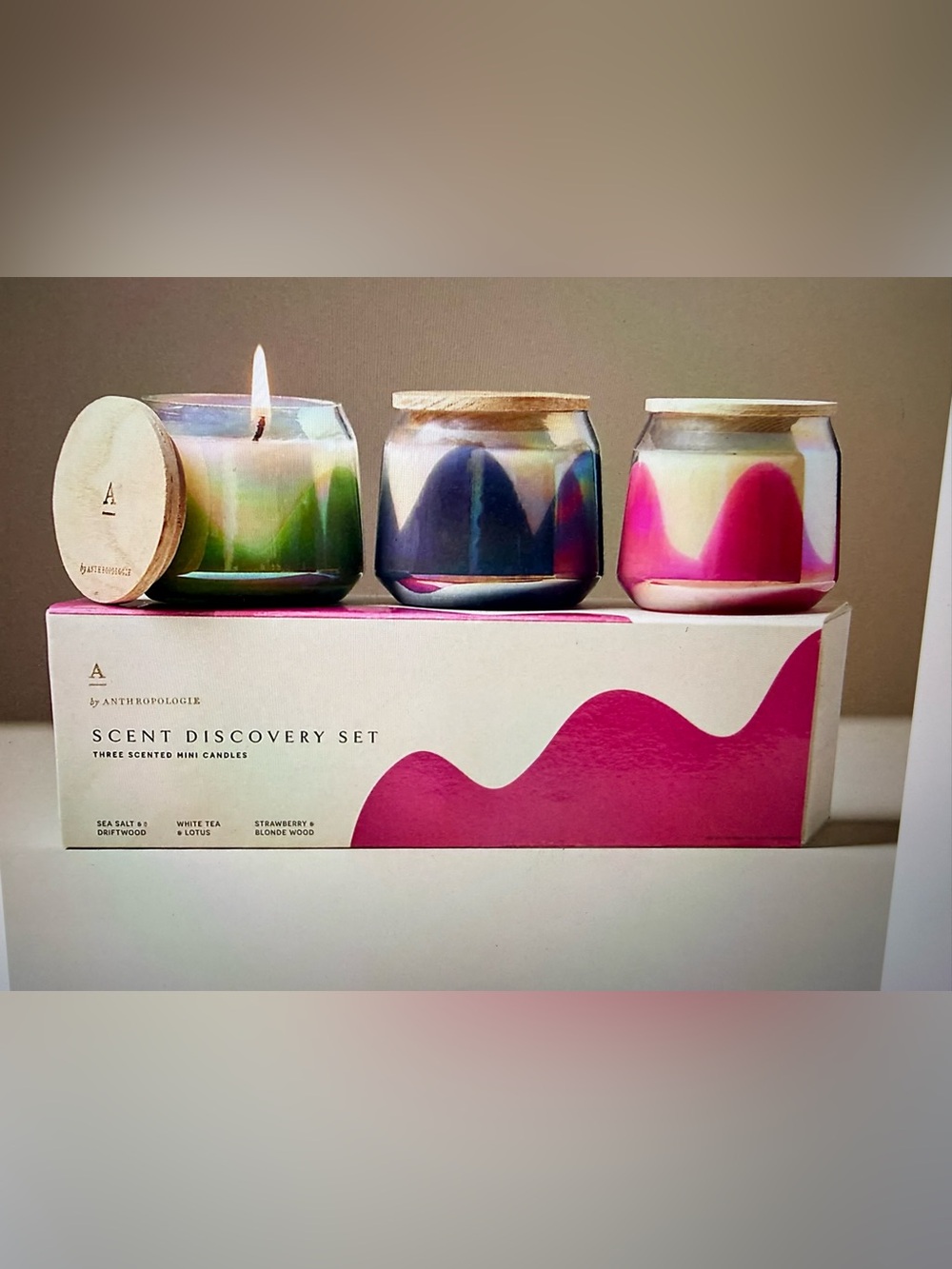 Anthropologie Mini Candle Set - Green, Blue, Pink